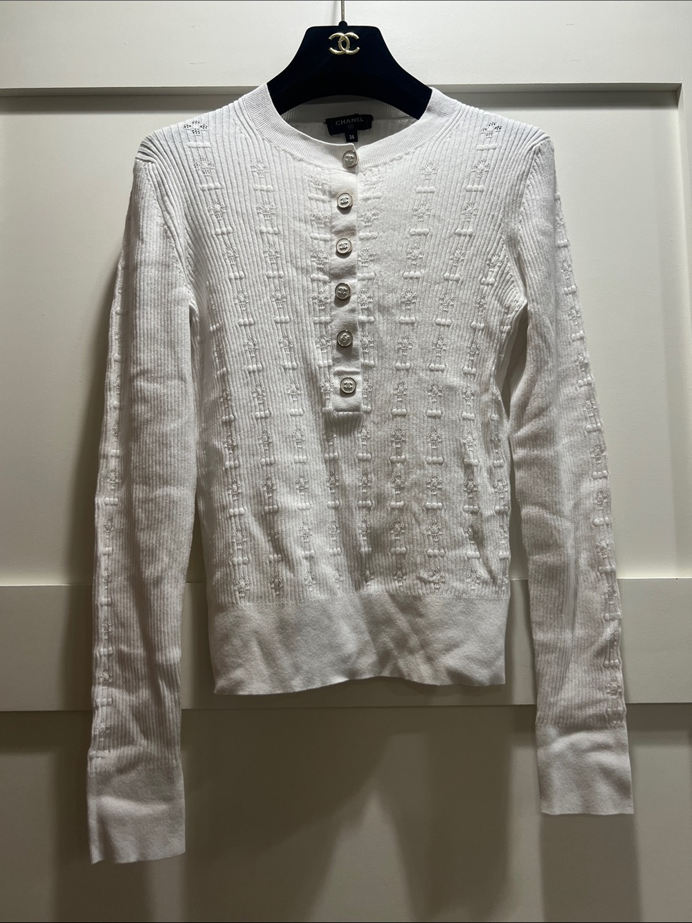 Chanel White Knit 1/4 Button Up Crewneck Top FR36